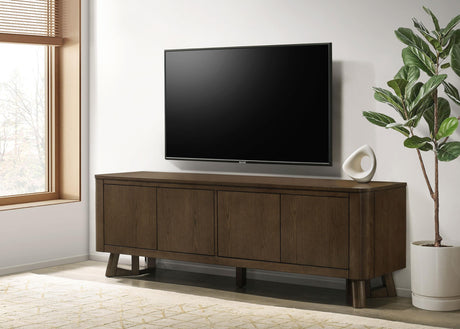 Trotter media console side angle showing soft-closing door