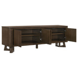 Close-up of Trotter TV stand white oak veneer and rubberwood finish