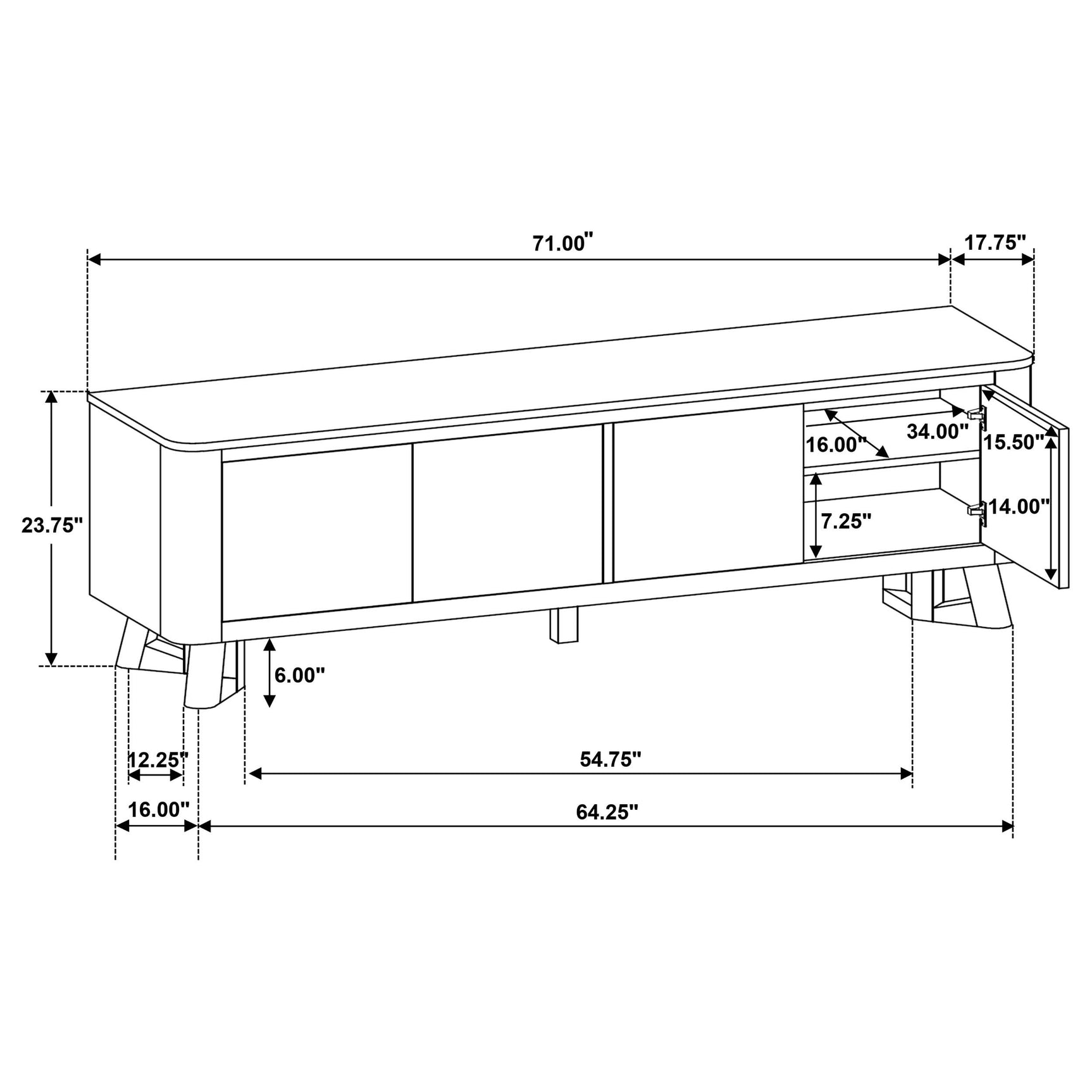 Trotter TV stand 71-inch four-door brown wood media console front view