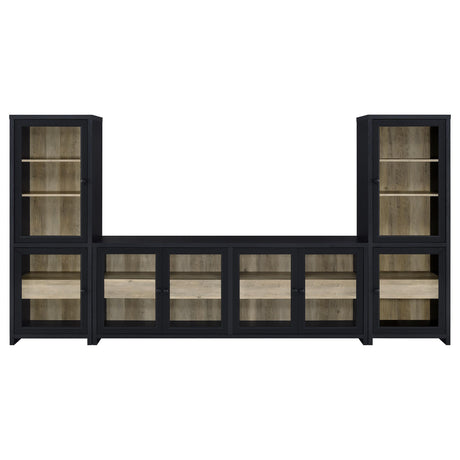 Media tower unit of Denison 3-piece entertainment center showing adjustable shelves