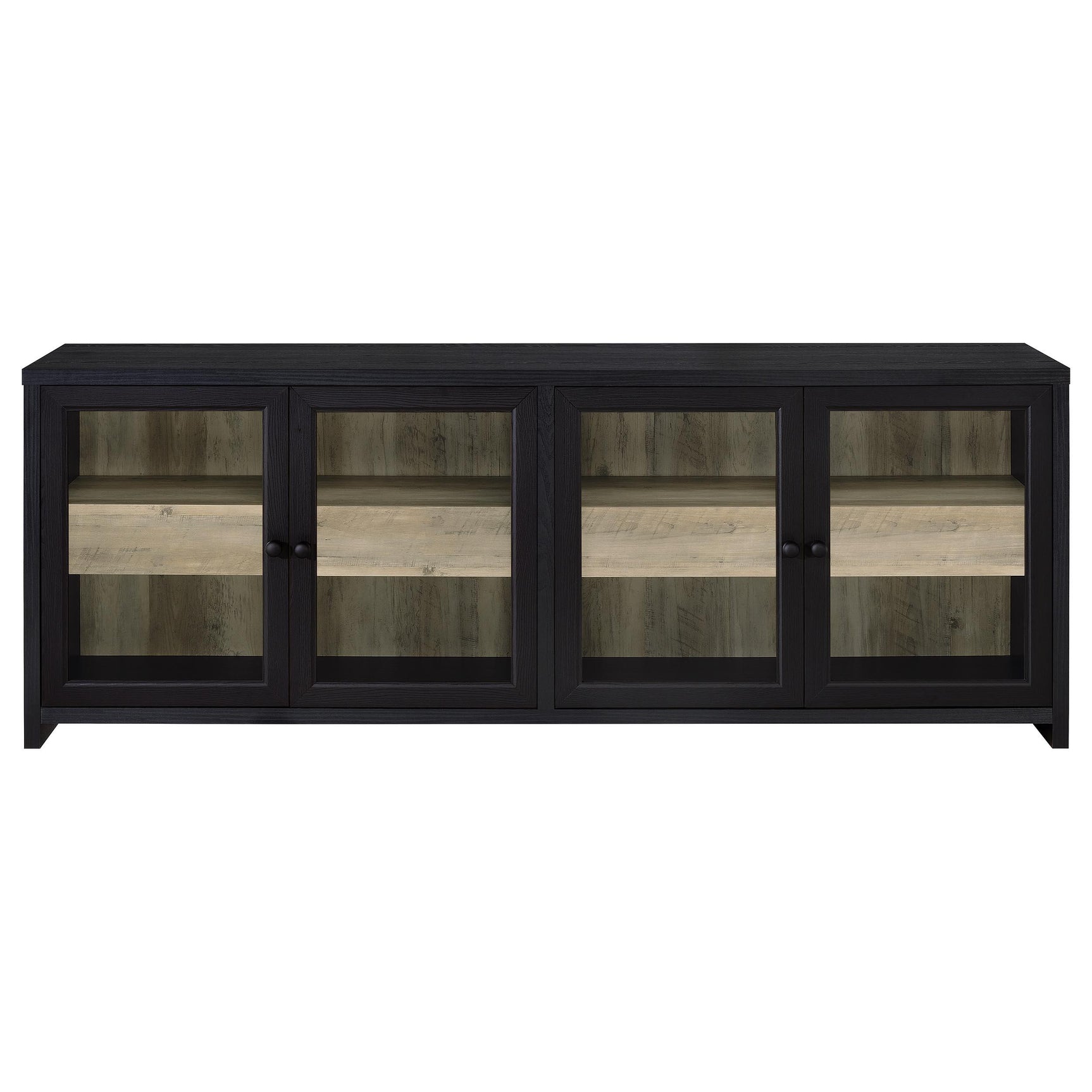Denison 3-piece entertainment center with black frame and glass doors, front view