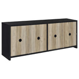 Denison 3-piece entertainment center with black frame and glass doors, front view