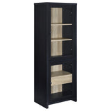 Denison 3-piece entertainment center with black frame and glass doors, front view