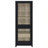 Denison 3-piece entertainment center with black frame and glass doors, front view