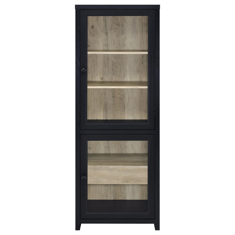 Denison 3-piece entertainment center with black frame and glass doors, front view