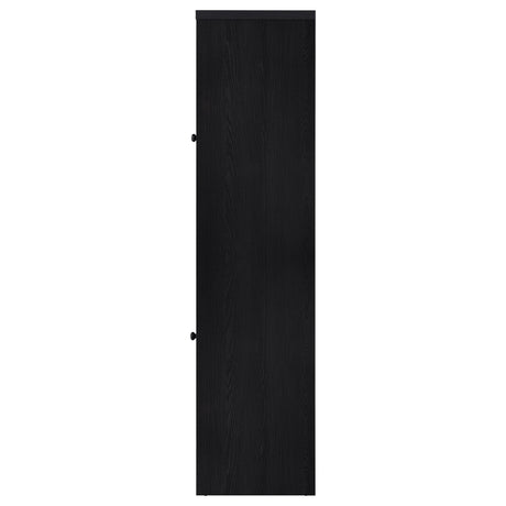 Denison 3-piece entertainment center with black frame and glass doors, front view