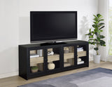 Denison media console close-up of glass door and drawer interior