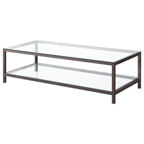 Close-up of black nickel frame and glass tabletop