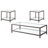 Trini coffee table angled view showing glass top and black nickel frame