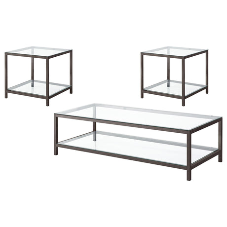 Trini coffee table angled view showing glass top and black nickel frame