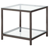 Trini end table close-up showing tempered glass and metal frame