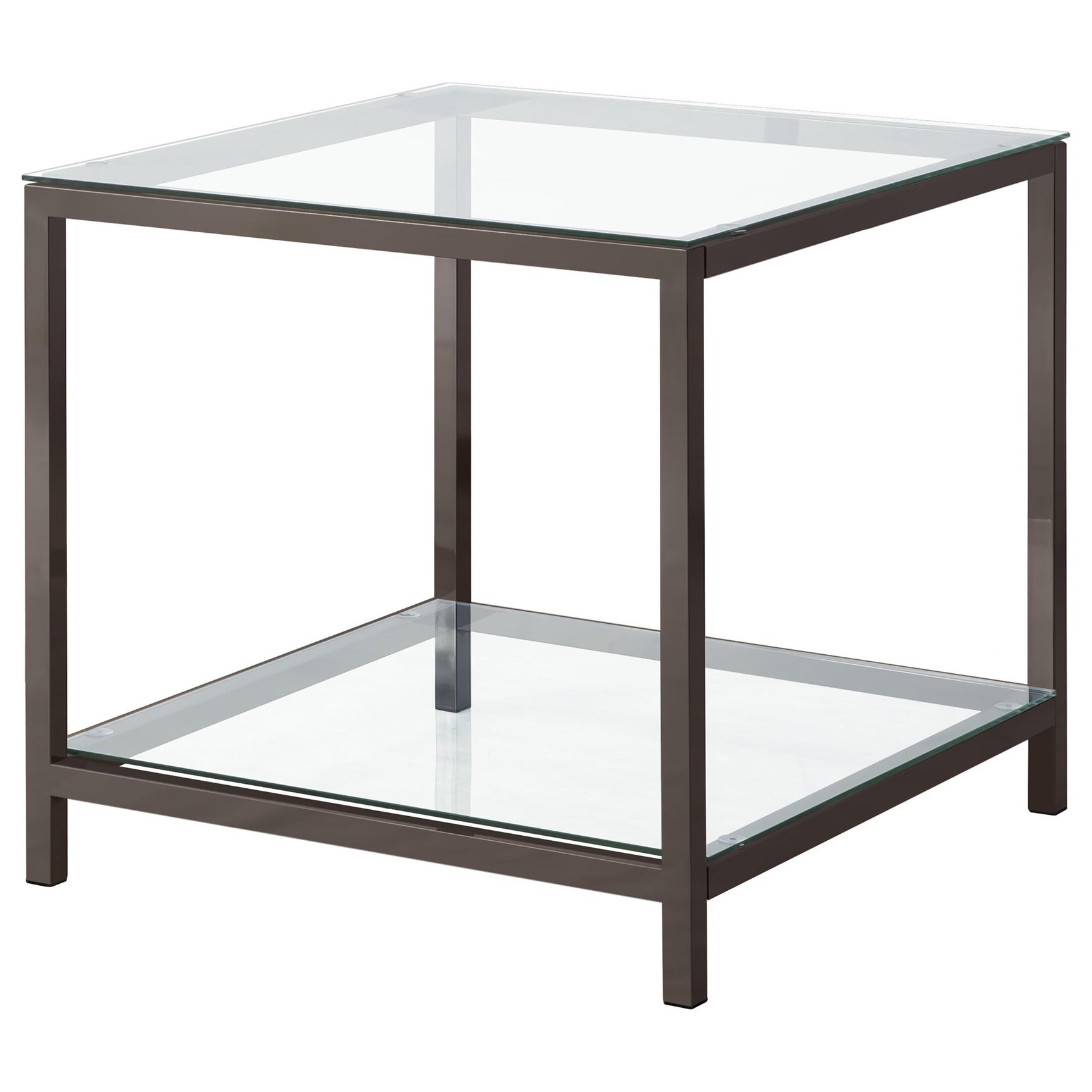 Trini end table close-up showing tempered glass and metal frame