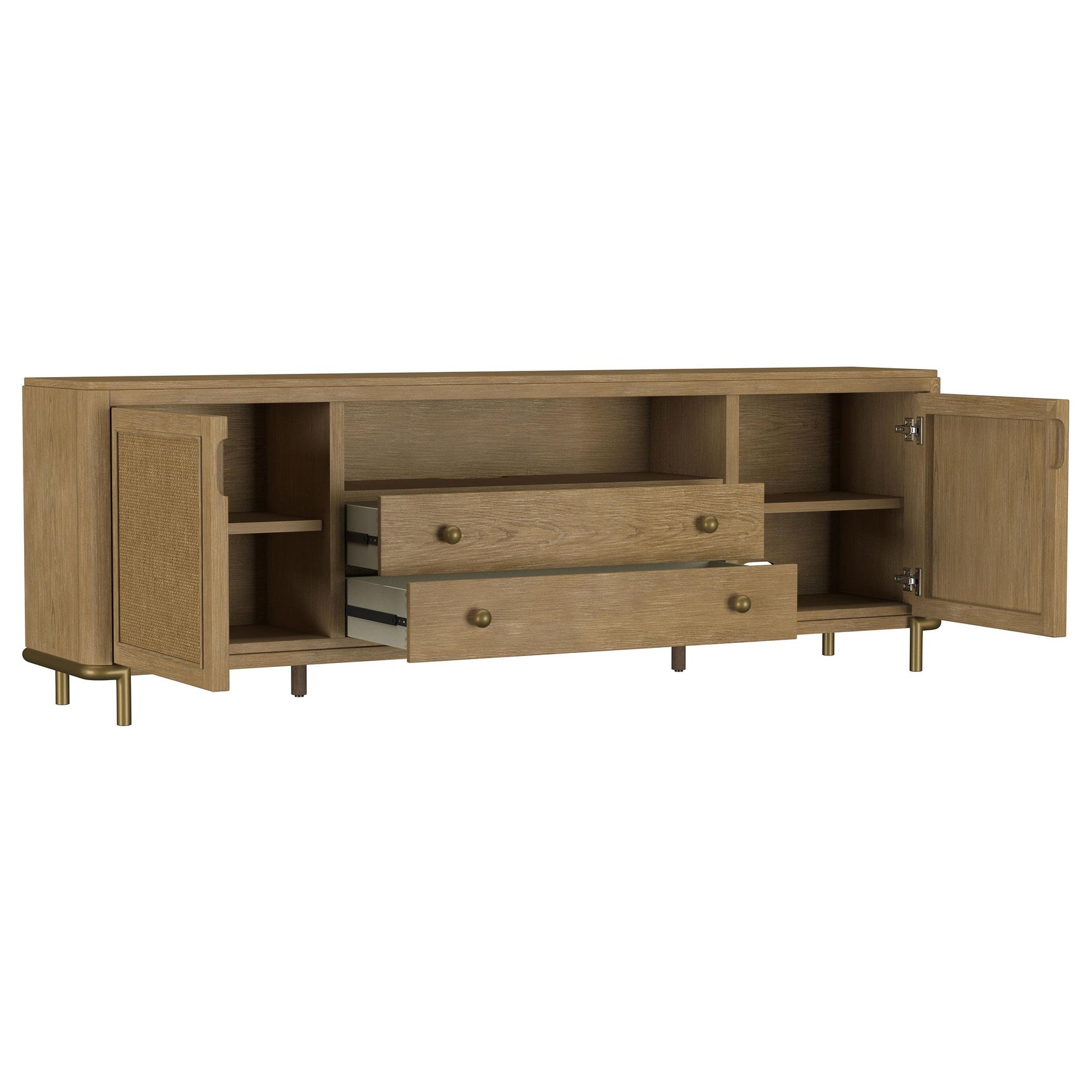 Close-up of aged brass legs on Arini TV Stand