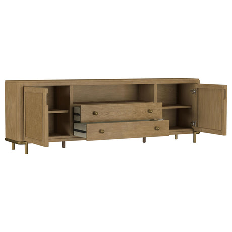 Close-up of aged brass legs on Arini TV Stand
