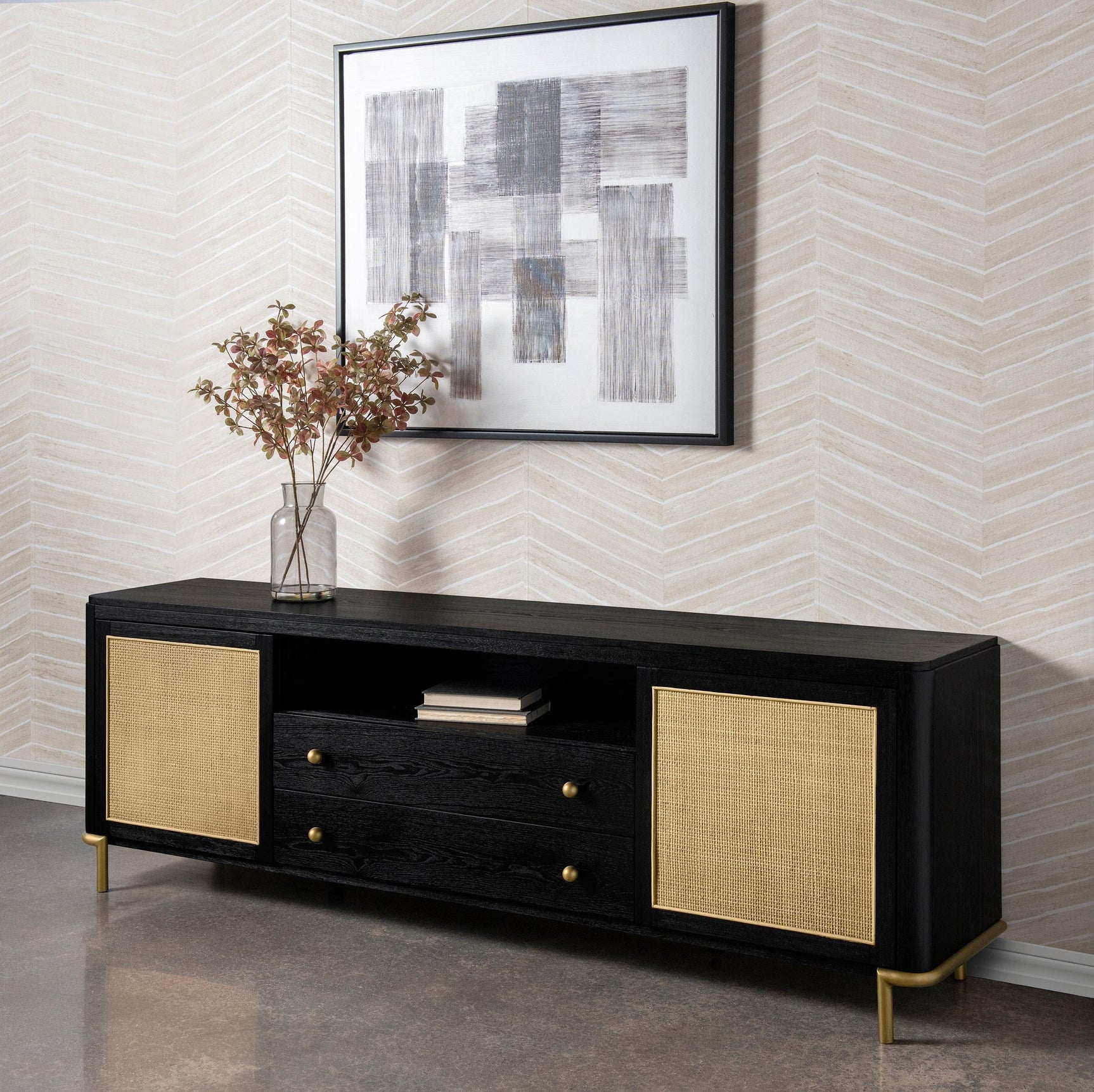 Arini TV stand side profile showing rattan cane door detail
