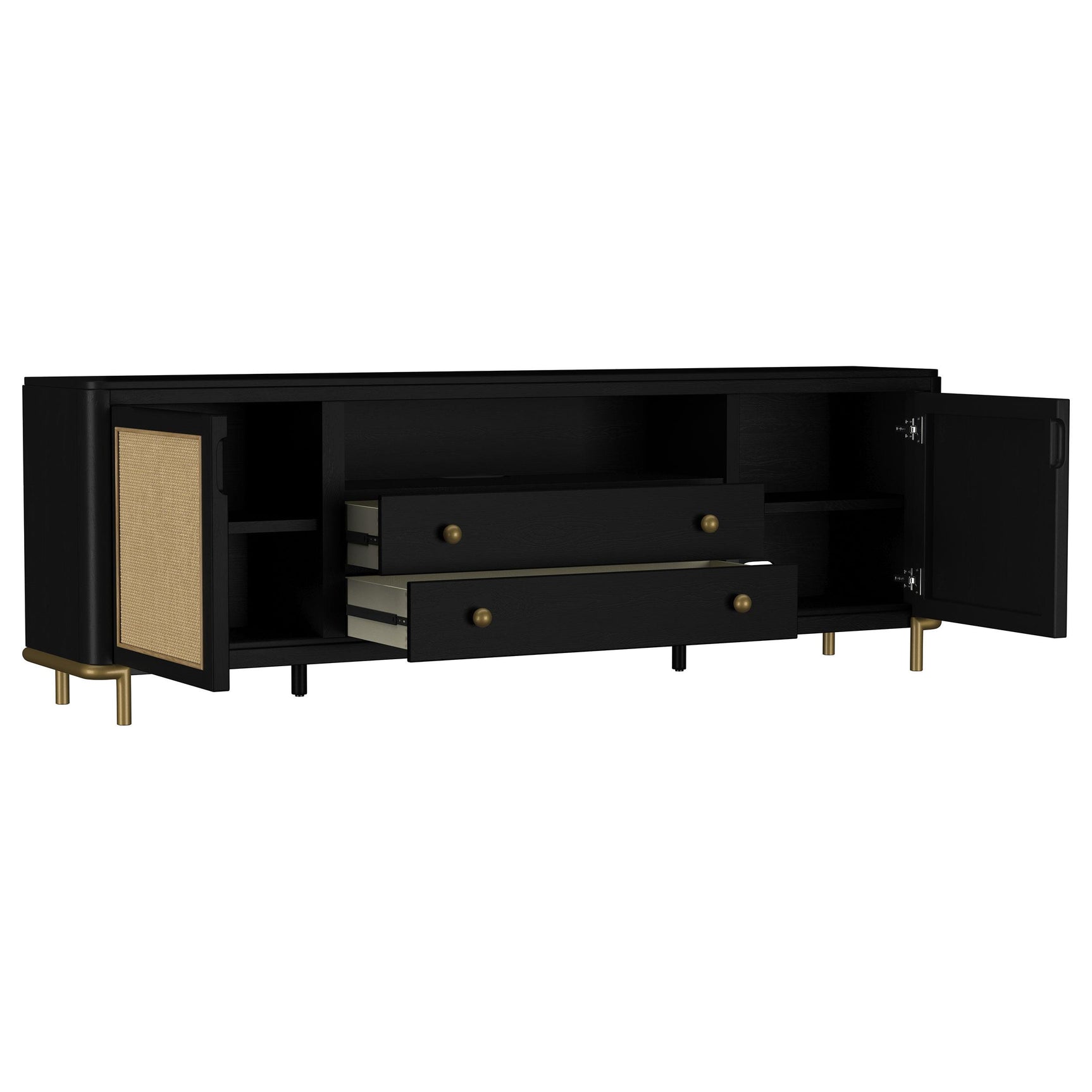 Arini media console open door revealing interior shelves