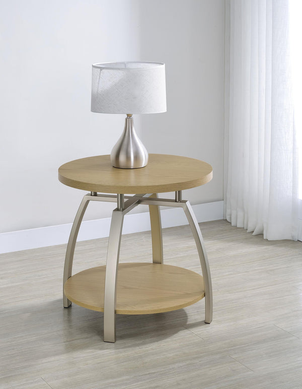 Side view showing curved electroplated metal legs of Dacre end table
