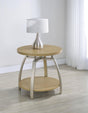 Side view showing curved electroplated metal legs of Dacre end table