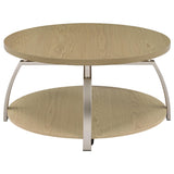 Two-tier storage shelf under round coffee table top