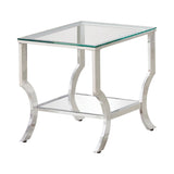 Saide Square End Table showing Angled Chrome Legs and Mirrored Shelf