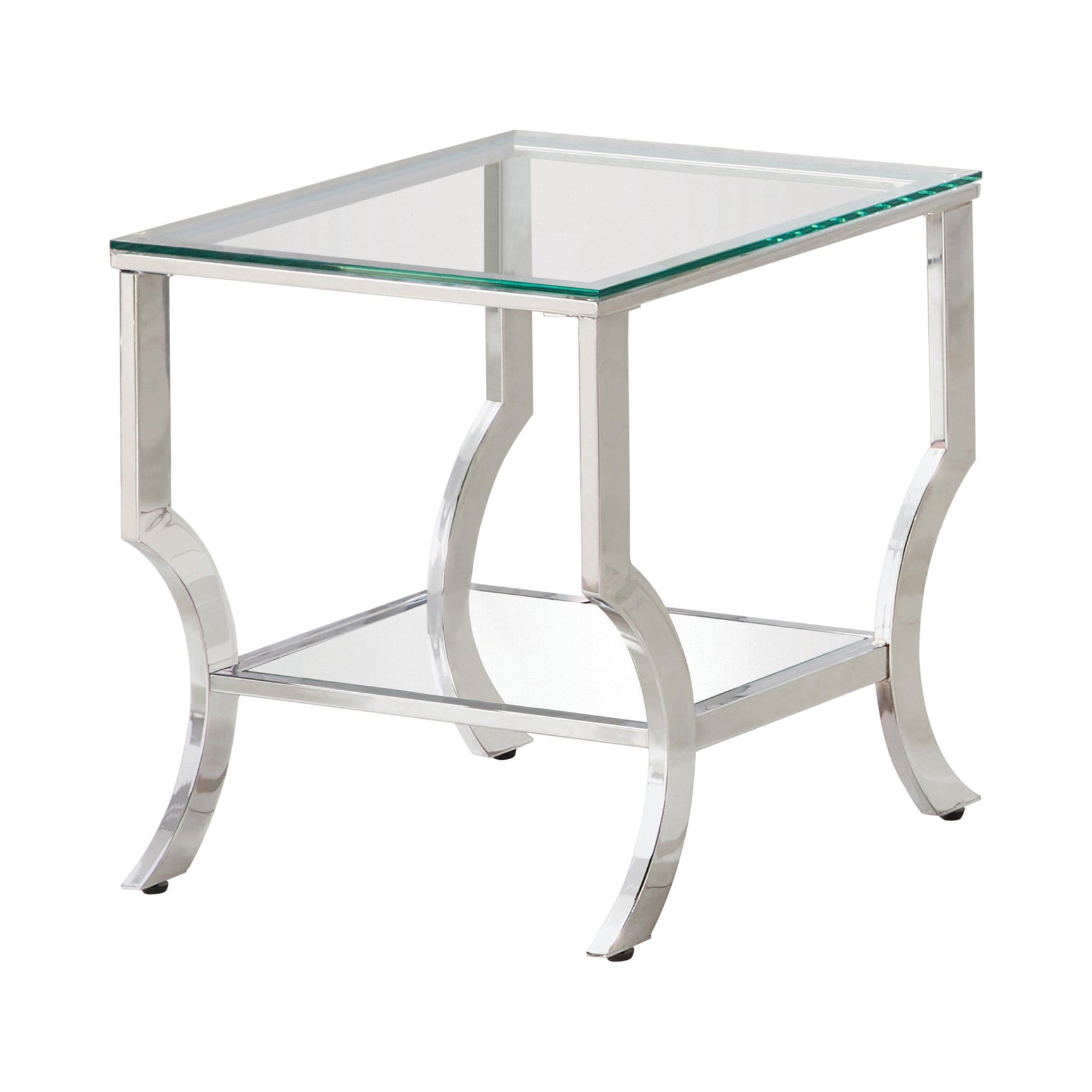 Saide Square End Table showing Angled Chrome Legs and Mirrored Shelf