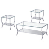 Saide coffee table with glass top and chrome base angled view