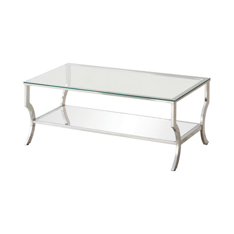 Saide rectangular coffee table angled top view showing glass surface and mirrored shelf