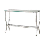 Modern chrome sofa table with glass top and built-in mirrored shelf, close-up