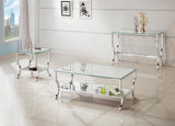 Saide rectangular sofa table with chrome frame and glass top, side view