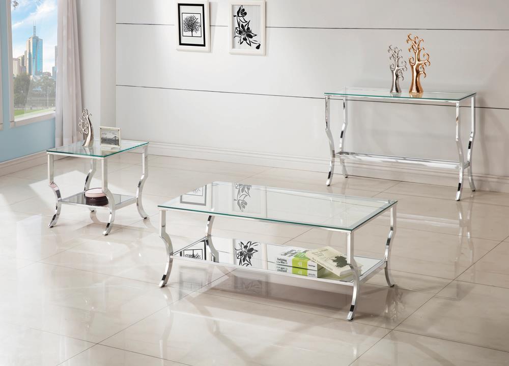 Saide rectangular sofa table with chrome frame and glass top, side view
