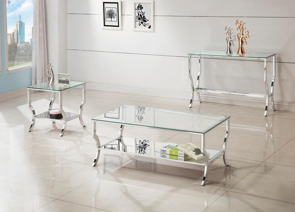 Saide rectangular sofa table with chrome frame and glass top, side view