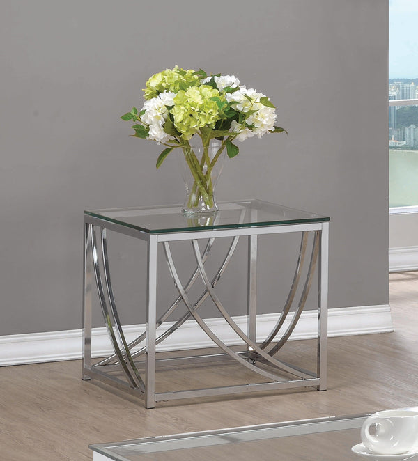 Lille glass top square end table side view showing metal frame