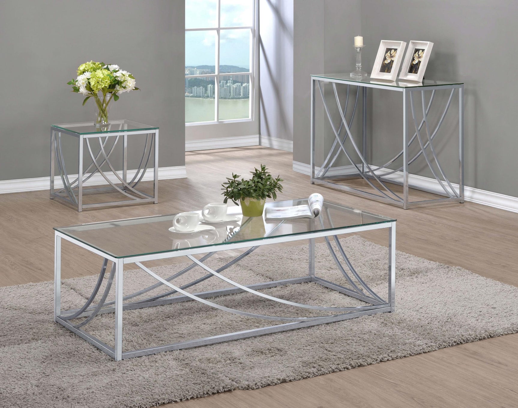 Lille 3-piece glass top table set showing chrome swoop accents