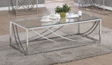 Lille Glass Top Coffee Table displaying chrome swoop accent legs