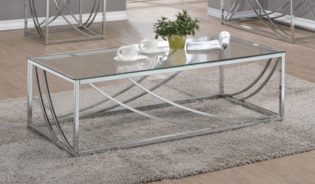 Lille Glass Top Coffee Table displaying chrome swoop accent legs