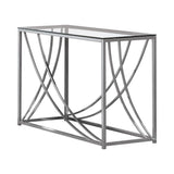 Contemporary Lille sofa table with glass and chrome metal base, side angle