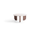 Olena medium coffee table side detail showing travertine and walnut materials