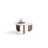 Olena medium coffee table front angle with warm walnut finish