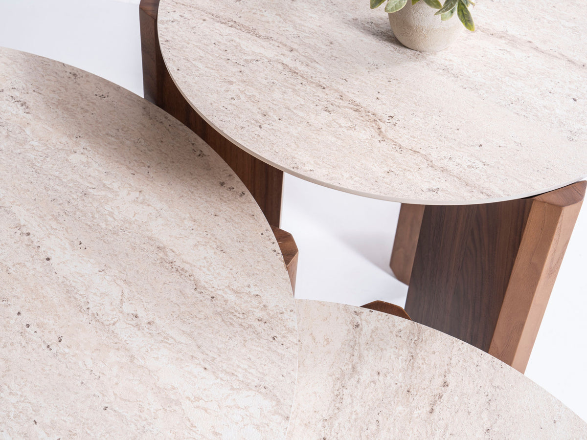 Olena medium walnut coffee table with travertine top detailed view