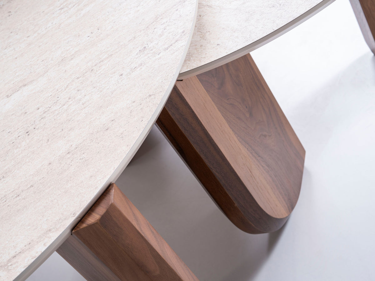 Detailed view of travertine stone surface on Olena coffee table