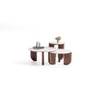 Olena large walnut coffee table with travertine stone top front angle