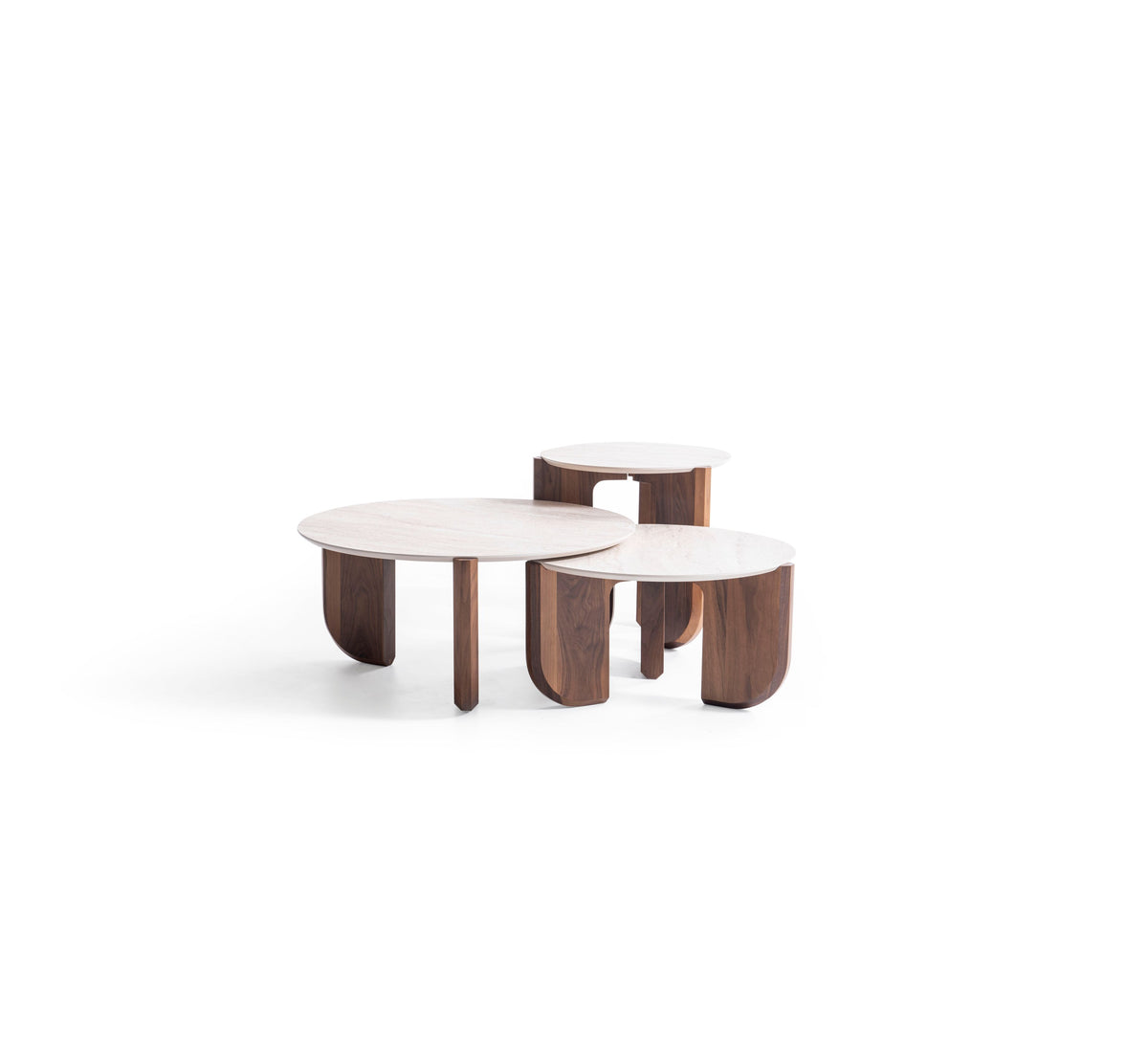 Olena small walnut coffee table with travertine top side angle