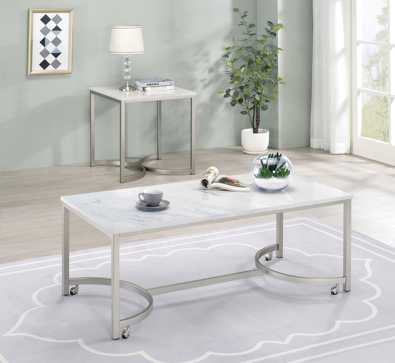 Leona Faux Marble Square End Table White And Satin Nickel - Ella Furniture