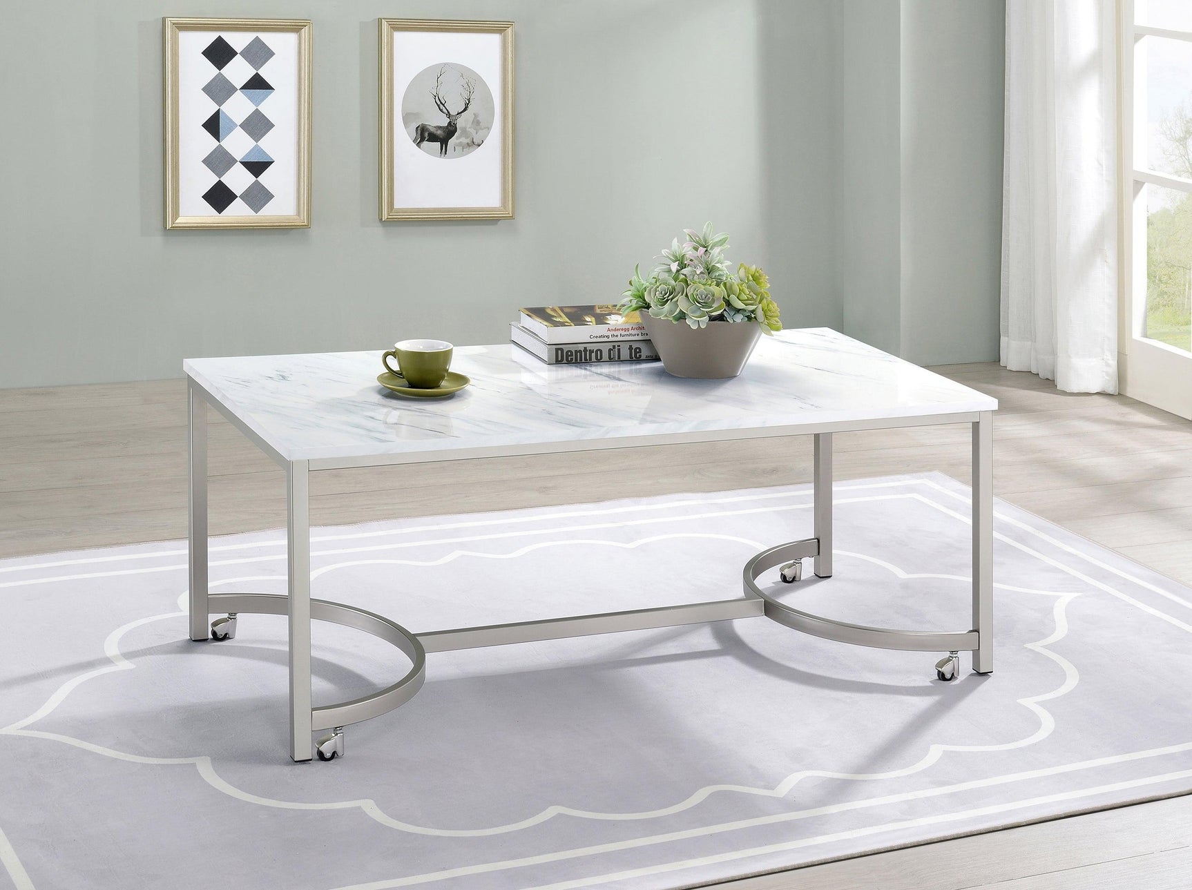 Leona Coffee Table With Casters White And Satin Nickel - Ella Furniture