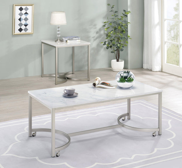 Leona Coffee Table With Casters White And Satin Nickel - Ella Furniture
