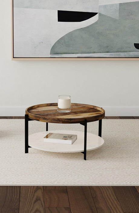 Close-up of mango wood grain top on Adhvik coffee table