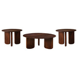Round coffee table with brown mango wood finish and angled slab legs