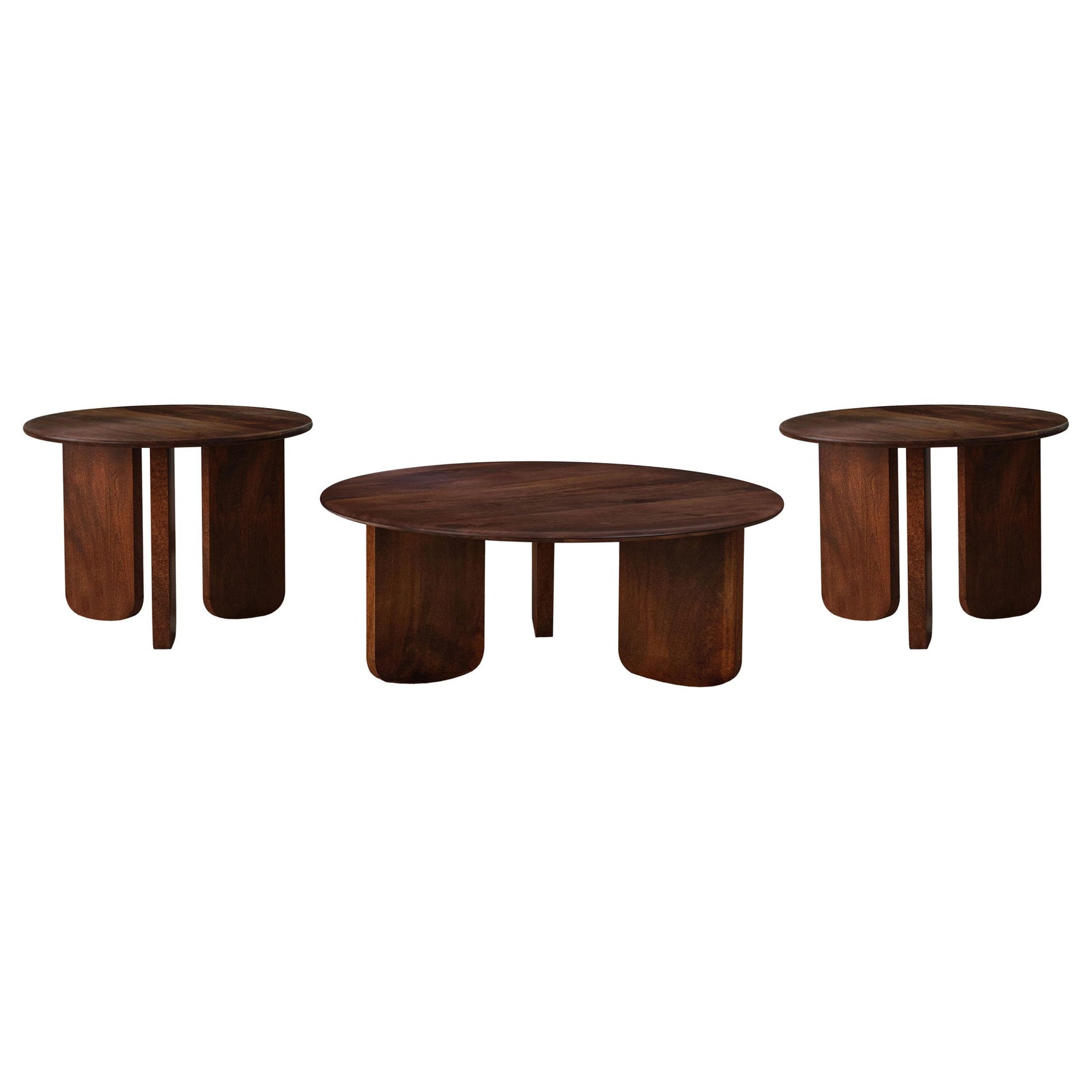 Round coffee table with brown mango wood finish and angled slab legs