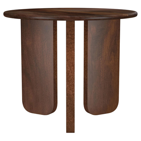Close-up of the solid mango wood grain and rich brown finish on coffee table