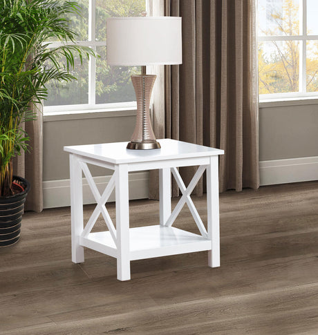 Skyview side table angled view showing X-frame base
